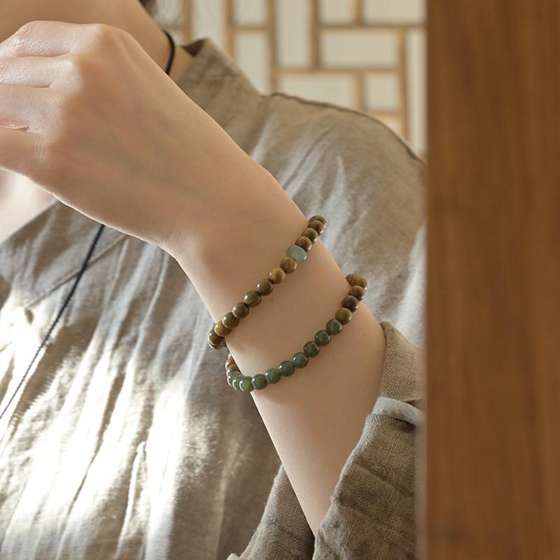 Natural Green Sandalwood & Hetian Jade Stackable Calming Bracelets – Ancient Style for Men and Women