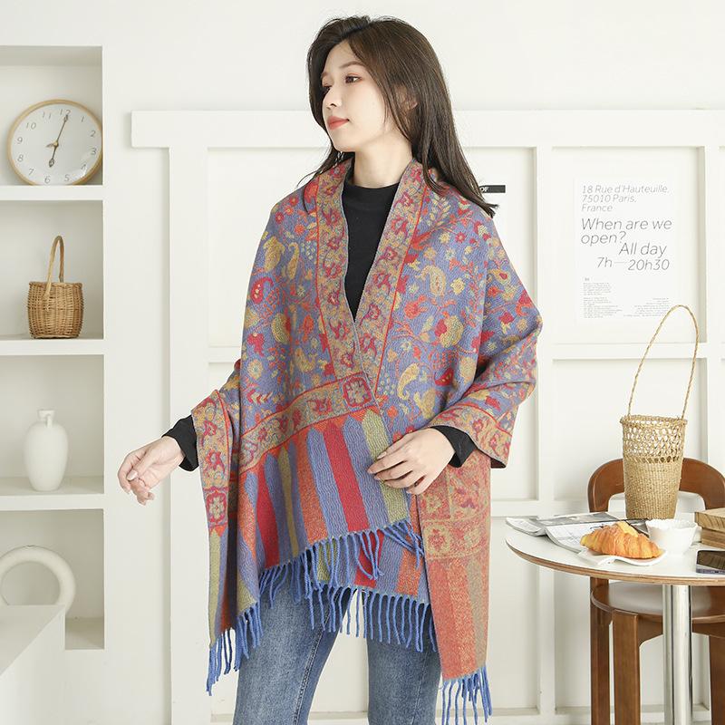 Jacquard Scarf Shawl with Decorative Imitation Cashmere Scarf for Women Winter High End New Style Thickened Ethnic Style Shawl