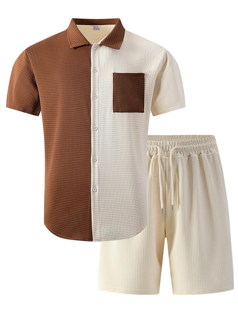 Men's American Summer Plaid Color Block Pocket Shirt & Shorts Casual Set