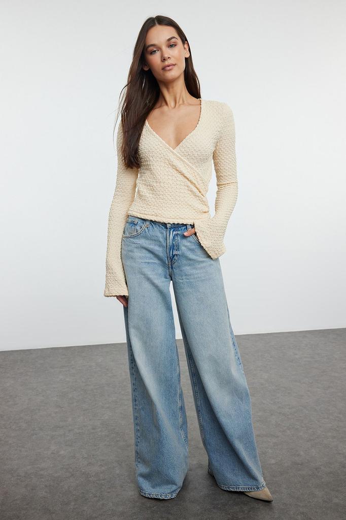 Women's Fashion Dark Beige Premium Textured Fabric Double Breasted Neck Regular Normal Fit Crop Knitted Blouse