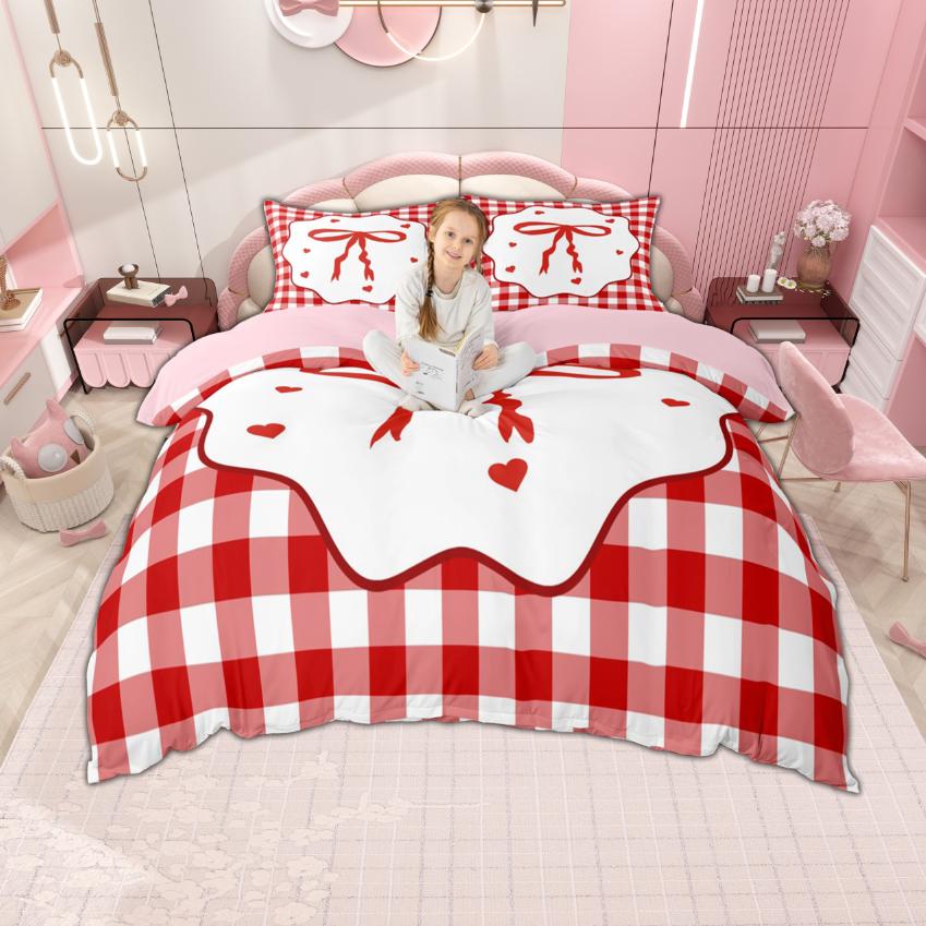 Comforter Homewish Kawaii Cherry For Girls Cute Bow Knot Bedding For Princess Geometric Buffalo Plaid Bed Set