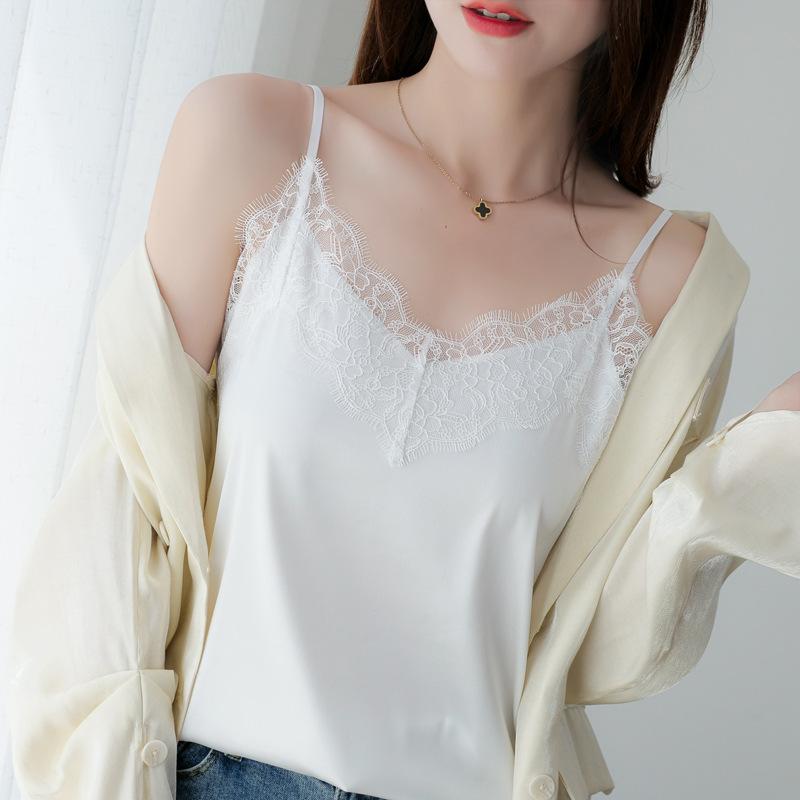 Summer Versatile Satin Interior Tops with Lace Solid Color Women’s Camis & Tank Tops