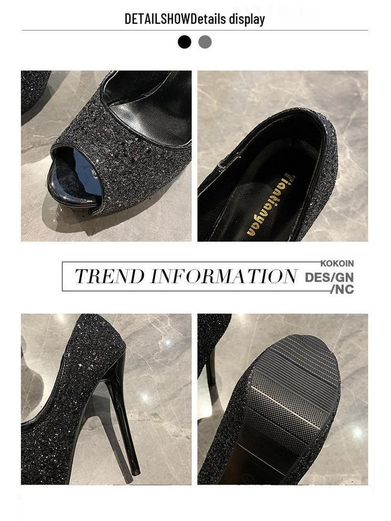 2021 Trendy European & American Sequin Peep Toe High Heel Platform Women's Shoes