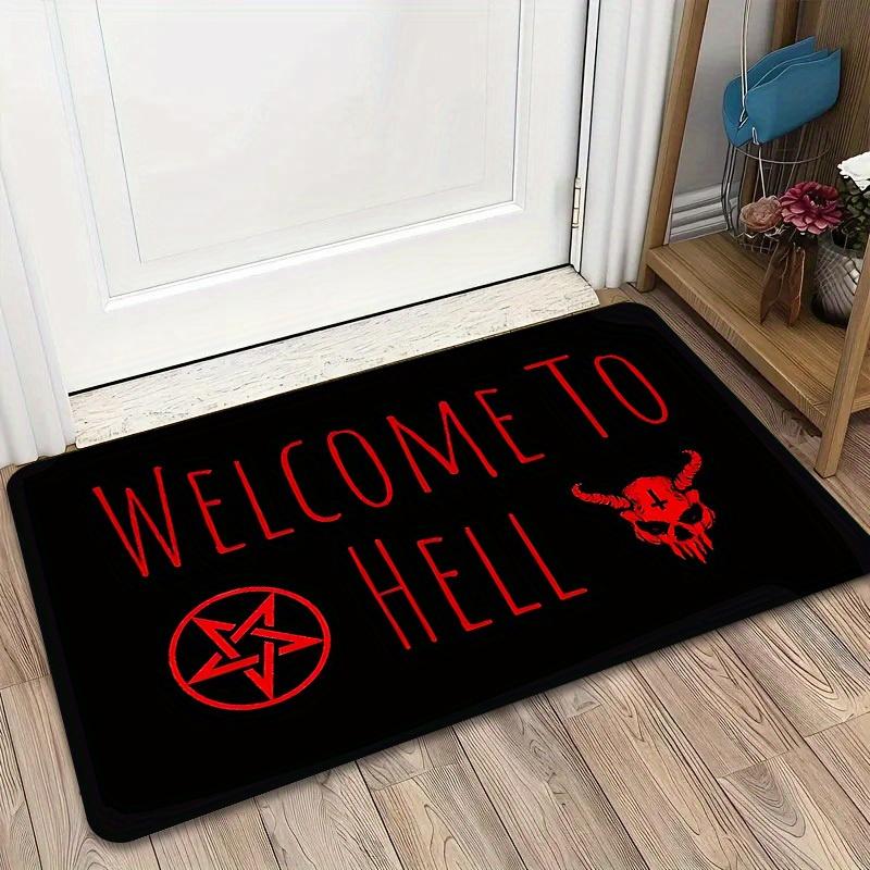 Gothic "Welcome To Hell" Rectangular Doormat, Skull & Pentagram Pattern Floor Mat, Non-Slip Washable Dark Ritual Entrance Rug
