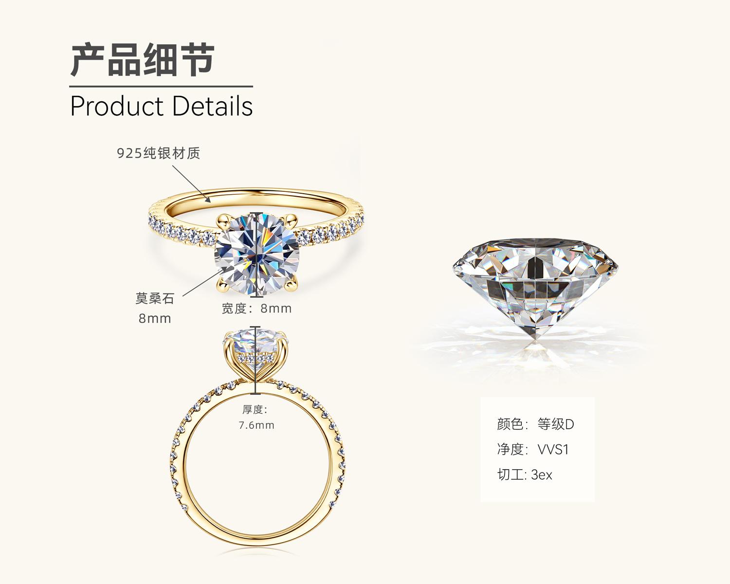 

Silvere Glam Кольцо с муассанитом 2 карата для женщин с высококлассным дизайном и слегка утопленным серебряным кольцом с муассанитом на четырех крапанах 8 US золотистый