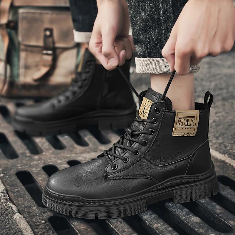 Fashion Men's All-match Casual Shoes Men's Business Dress Casual Boots Outdoor High Top Shoes Classic Leather Men Slip On Chelsea Boots