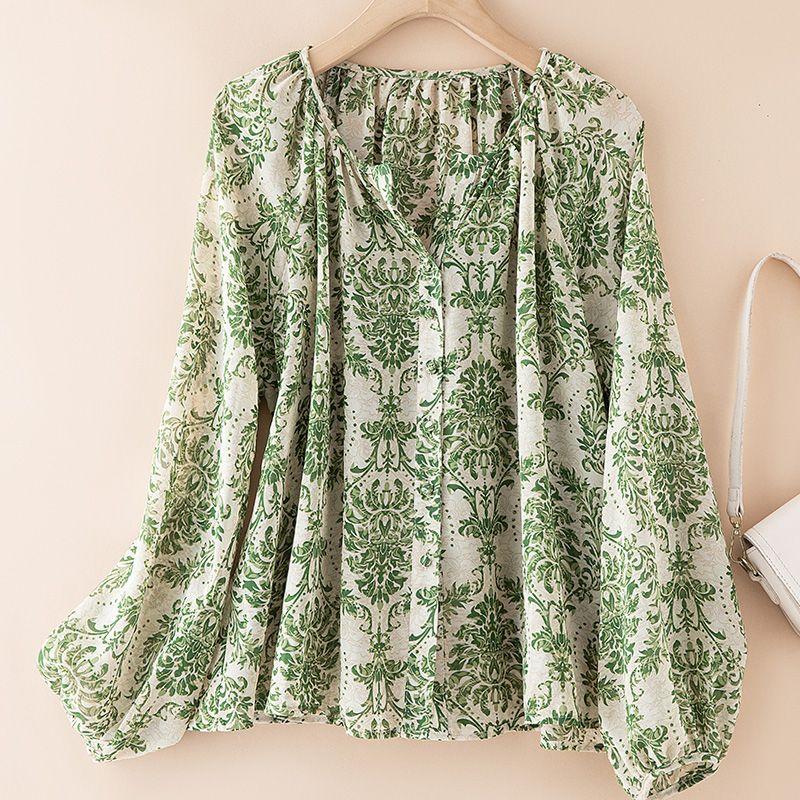 

New French style Petty Cash Floral Shirts Women Summer Thin Shirt Chiffon Top Shirt Sun Protection Shirt Idle Style Green floral One size