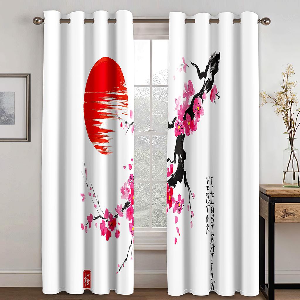 2pcs Japaness Flower Sun Bushido Landscape Kid Curtains Window Treatment for Bedroom Office Kitchen Living Room Study Home Decor