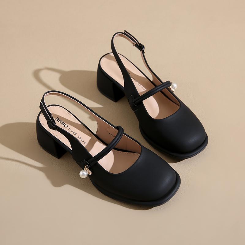 2025 Summer New Women's Mary Jane Shoes High Heel Fairy Tale Style Slip-On Match Skirts French Thick Heel Single Shoes Round Toe