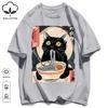 Cat Likes To Eat Noodles And Daydream Design Unisex Retro T-Shirt Casual Cotton Sportwear Loose Hip Hop Clothing Unisex O-Neck Tee