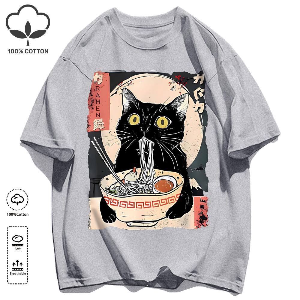Cat Likes To Eat Noodles And Daydream Design Unisex Retro T-Shirt Casual Cotton Sportwear Loose Hip Hop Clothing Unisex O-Neck Tee