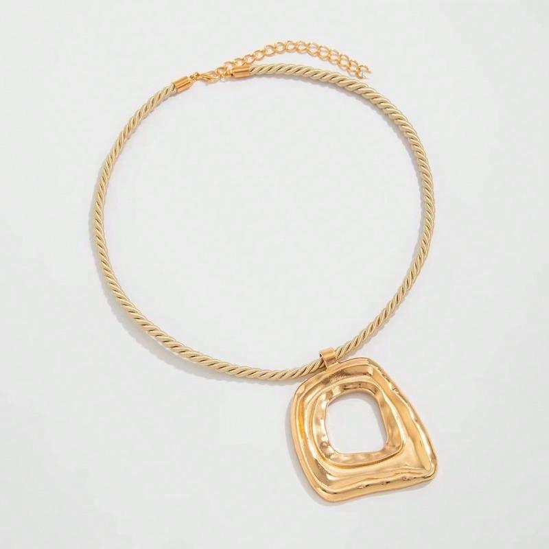 Matte Gold Color Asymmetrical Hollow Square Pendant Thick Rope Necklace for Gift Giving Women's Daily Party and Banquet Wear