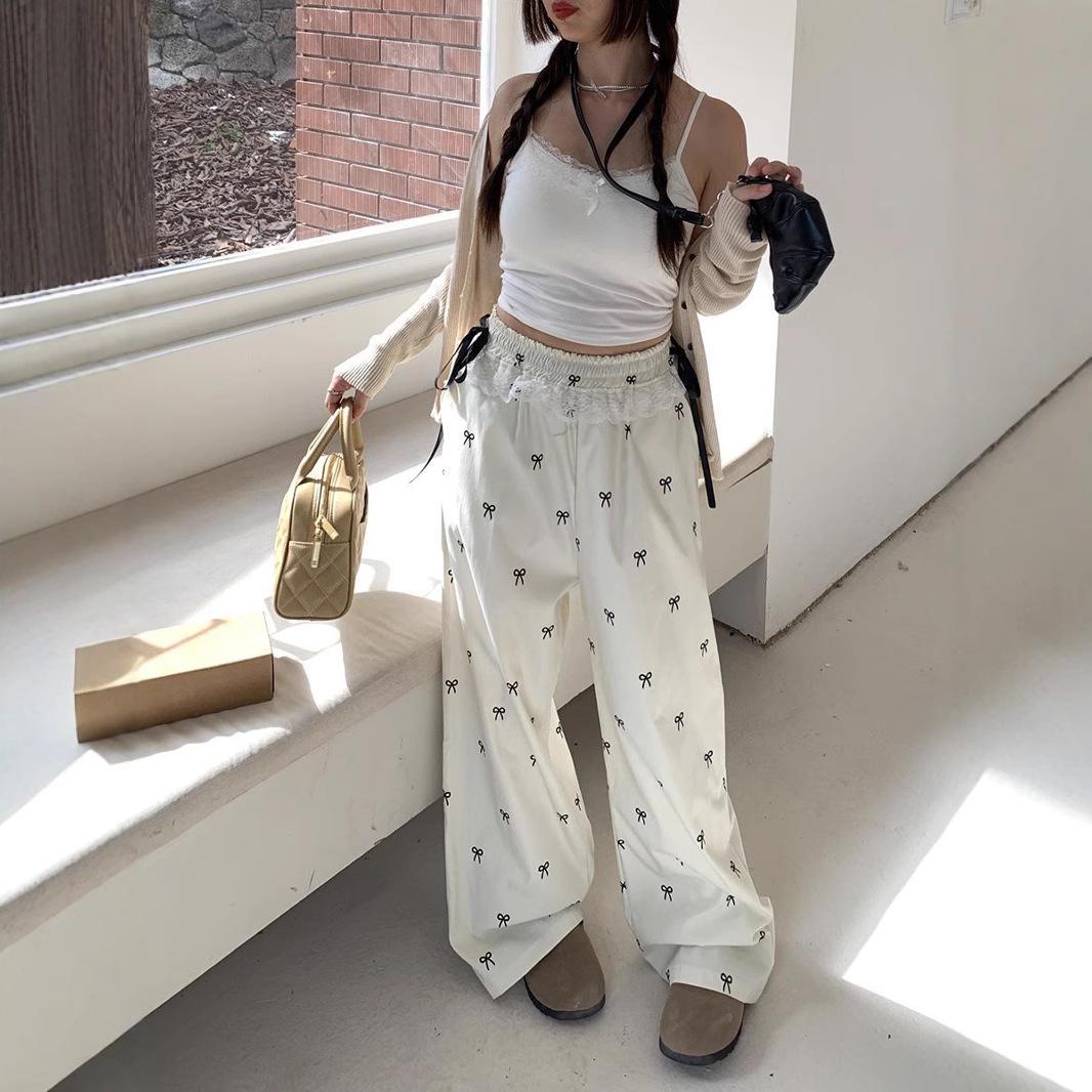 

Women s High Waist Lace Patchwork Bow Tie Wide Leg Summer Pants 2025 L чорний