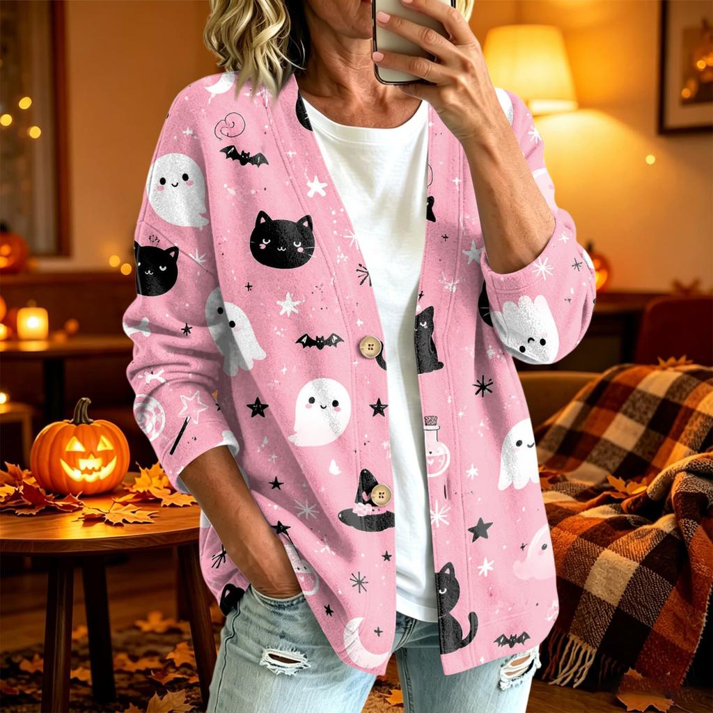 Women's Casual Long Sleeve Jacket with Halloween Print for Party Costume and Everyday Wear