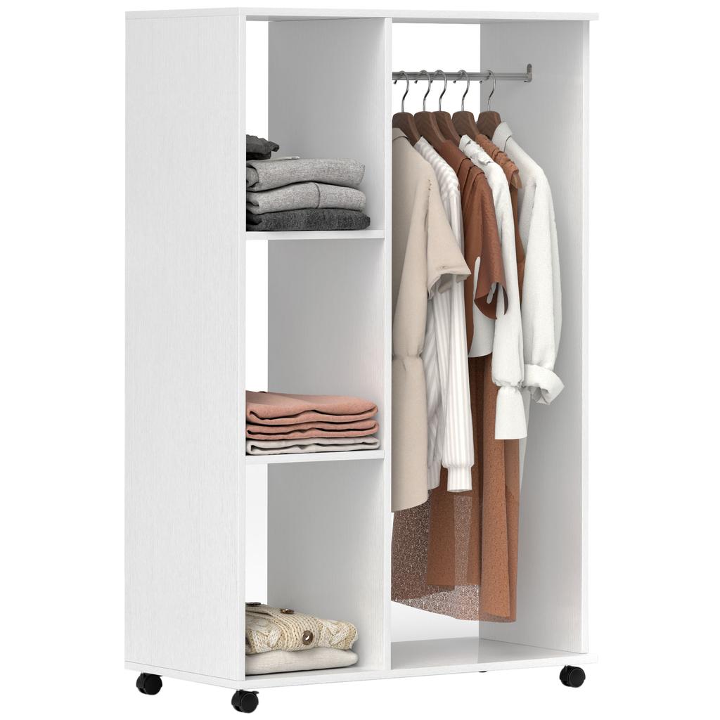 Open Wardrobe On Wheels Bedroom Wardrobe With Clothes Hanging Rail 3 Storage Shelves Mobile Garment Rack For Cloakroom Hallway White