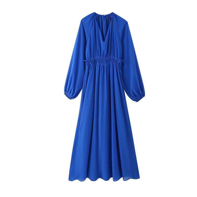 

Summer New Product Women s Clothes French Style Design Elastic Waistband Lace-up V Neck Bubble Long Sleeve Loose Midi Skirt Dress Blue L