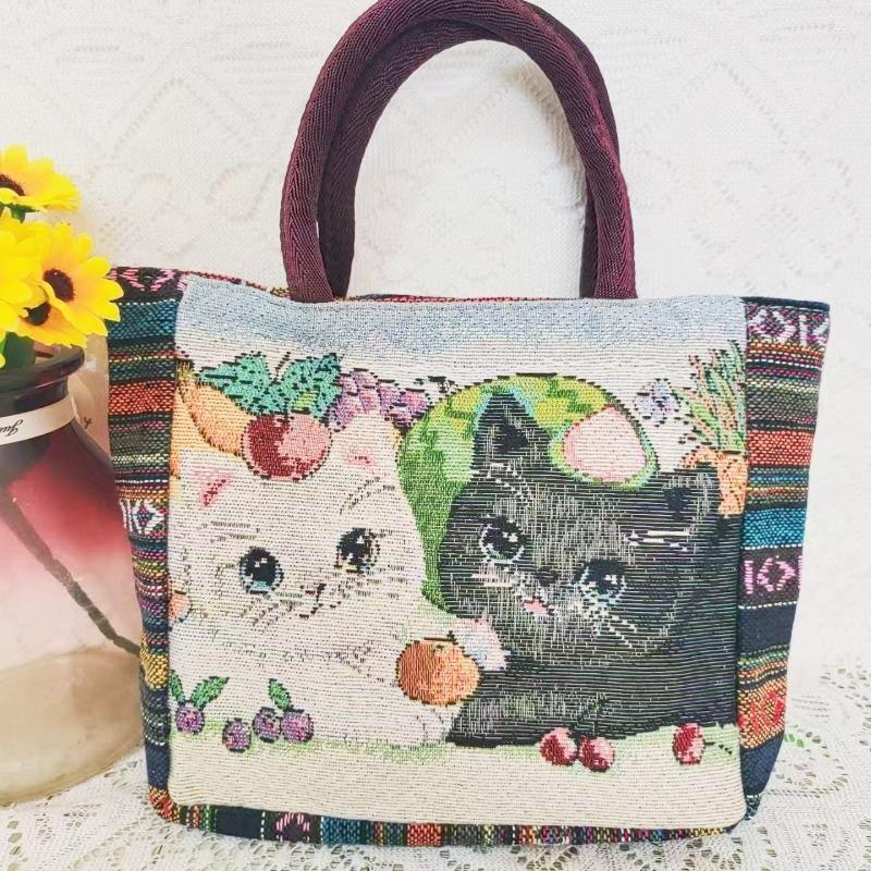 Canvas bag, women's large-capacity double-sided embroidered animal handbag, mommy bag, go shopping, handbag