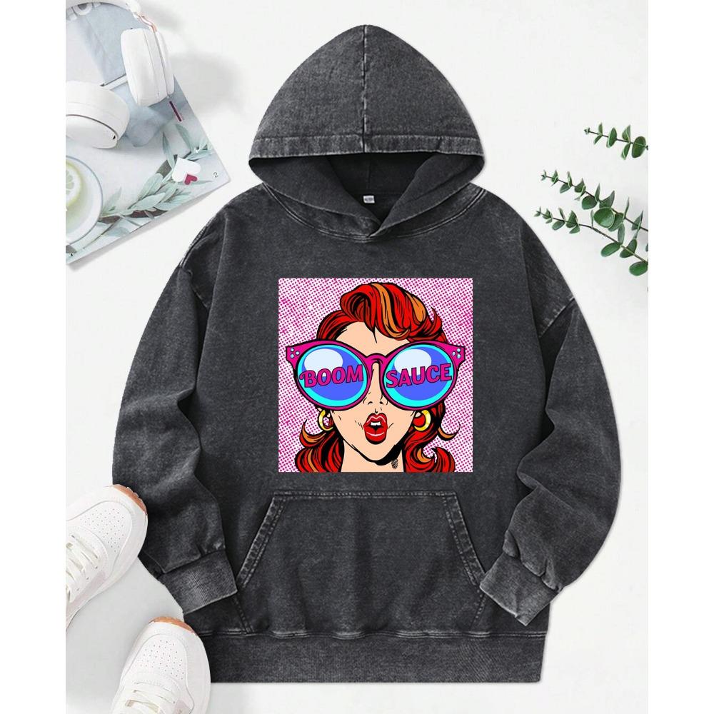 A Fashionable Ladies Wearing Sunglasses Print Women Washed Hoody Autumn Loose Streetwear Trendy Cotton Hoodie Top