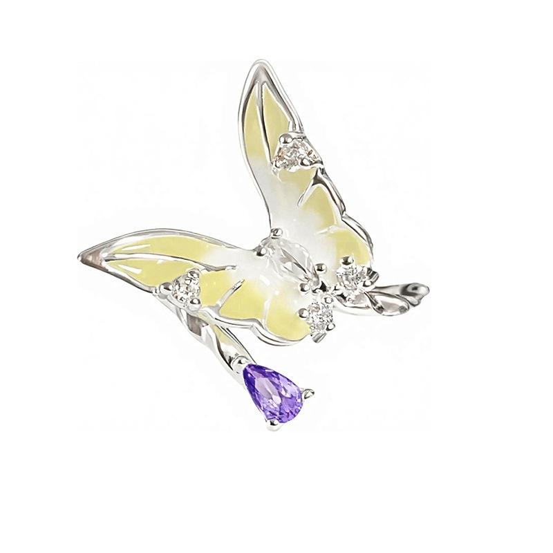 Kühles Gefühl Gelbe Emaille Tropfendes Öl Eingelegte Zirkonia Schmetterling Öffnungsring Leichter Luxus Hohes Gefühl Nische Gestapelter Ring Frau