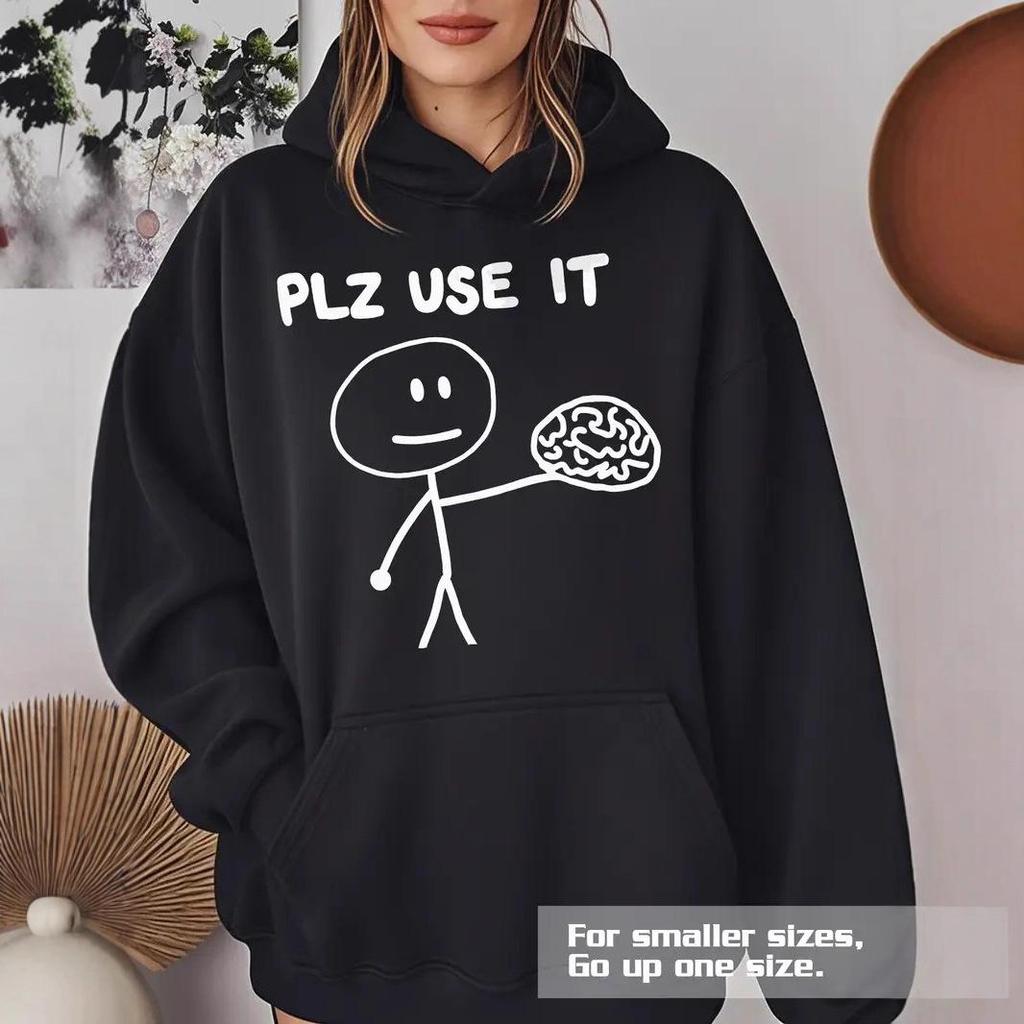 2025 Fashion Hooded Sweatshirt - 'PLZ USE IT' Casual Loose Long Sleeve Pullover