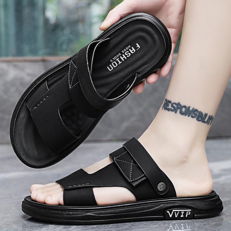High-end Leather Sandals, Men's Outer Wear, Summer New Fashion, One Shoe or Two, Wear Thick-soled, One-word Cool Slippers