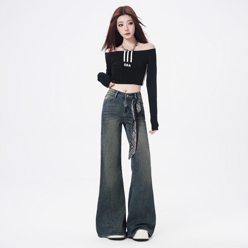 

American Style High Waist Flared Women s Jeans - Loose Fit, Floor-Length, Non-Clinging Horseshoe Design for Autumn. M
