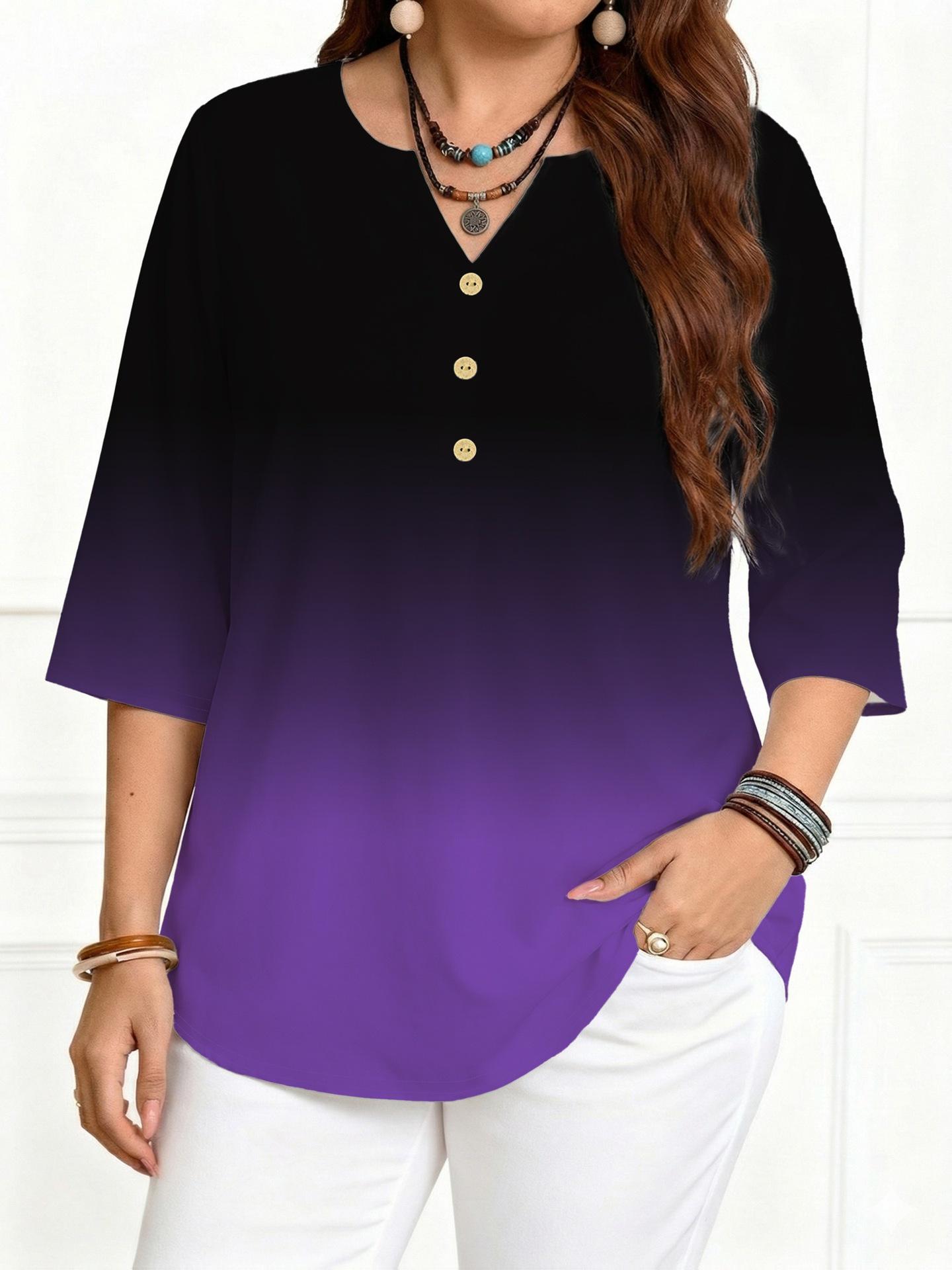 

European & American Plus Size Gradient Print Round Neck 3/4 Sleeve T-shirt - Summer 2026 New Arrival 3XL фіолетовий/орхідейний