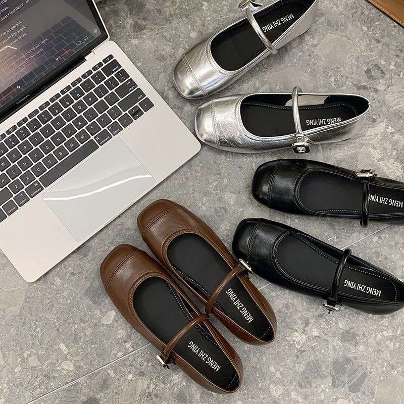 French with skirt silver round head Mary Jane shoes women's spring 2025 new evening flat one-word strap single shoes