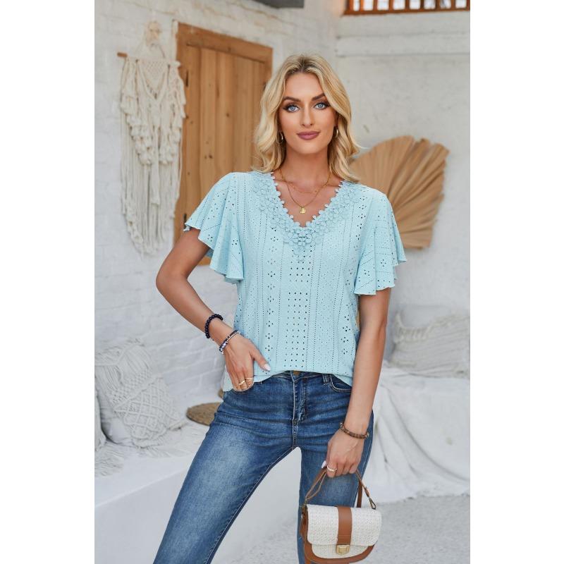 Women's Fashion Casual Solid Color Print Short Sleeve V Neck Blouses & Shirts