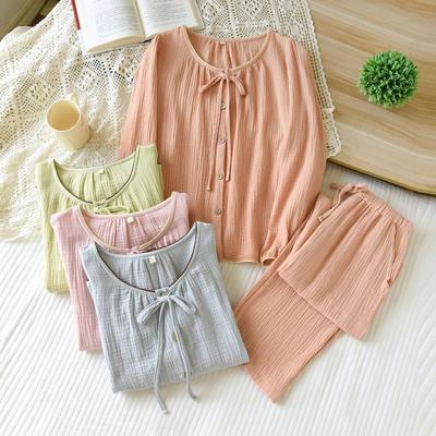 2026 Women's Spring and Autumn New Pajama Set 100% Cotton Crepe Round Neck Solid Color Buckle Home Clothing Set Sleepwear