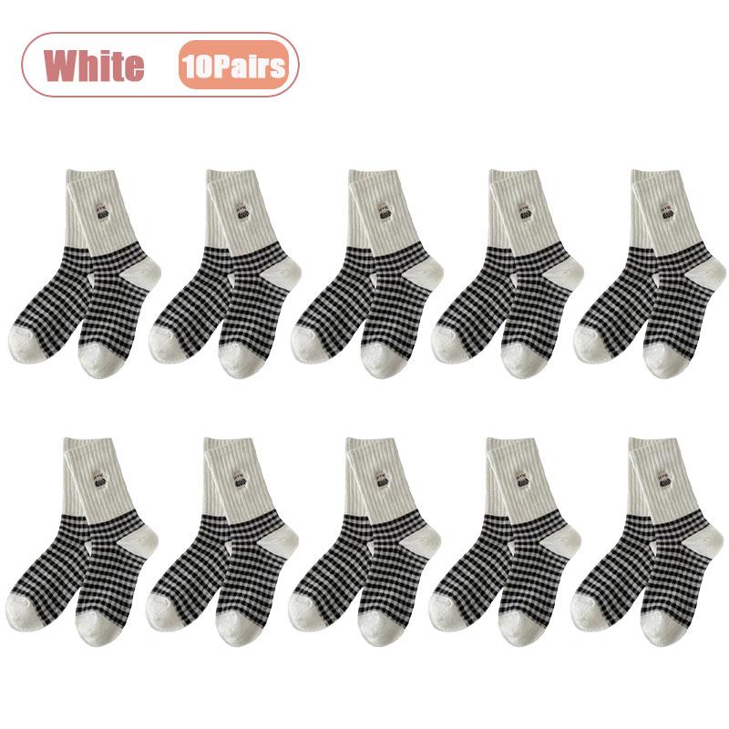 1-10Pairs Vintage Black White Plaid Mid Calf Socks for Women Autumn Winter Cute Cat Cartoon Design Cotton Long Socks