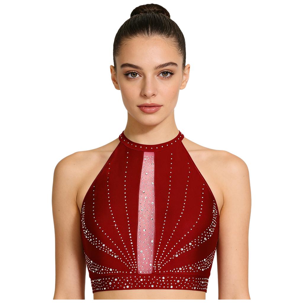 Top Cropped Lyrical Dance Feminino Brilhante com Strass Sem Mangas Costas Vazadas Regata Fantasia de Dança do Ventre