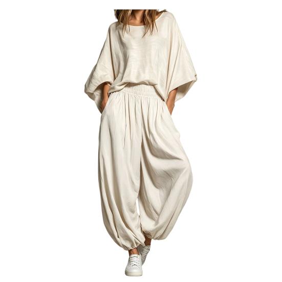 Women Two-piece Suit Women s 2 Piece Sets, Loose Crew Neck Batwing Sleeve Top And Lantern Pants Summer Travel Vacation Outfits with Pockets M абрикосовый