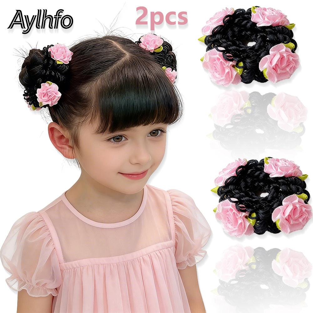 Aylhfo Girls' Spring 2pcs Colorful Flower Wig Scrunchies/Cute Bohemian Style Fabric Flower Wig Ponytail Hair Ties