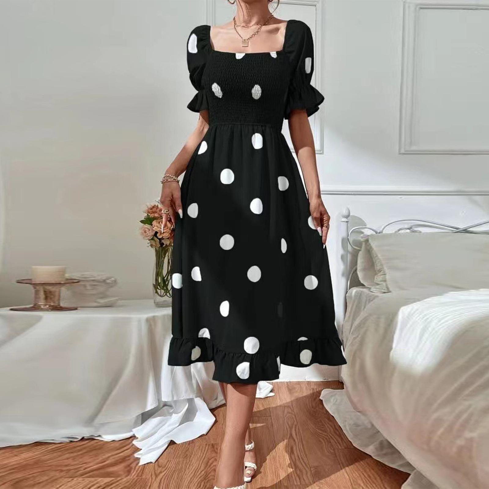 Women s Big Polka Dot Slim Fit Sweet Ruffle Short Sleeve Midi Top M чёрный