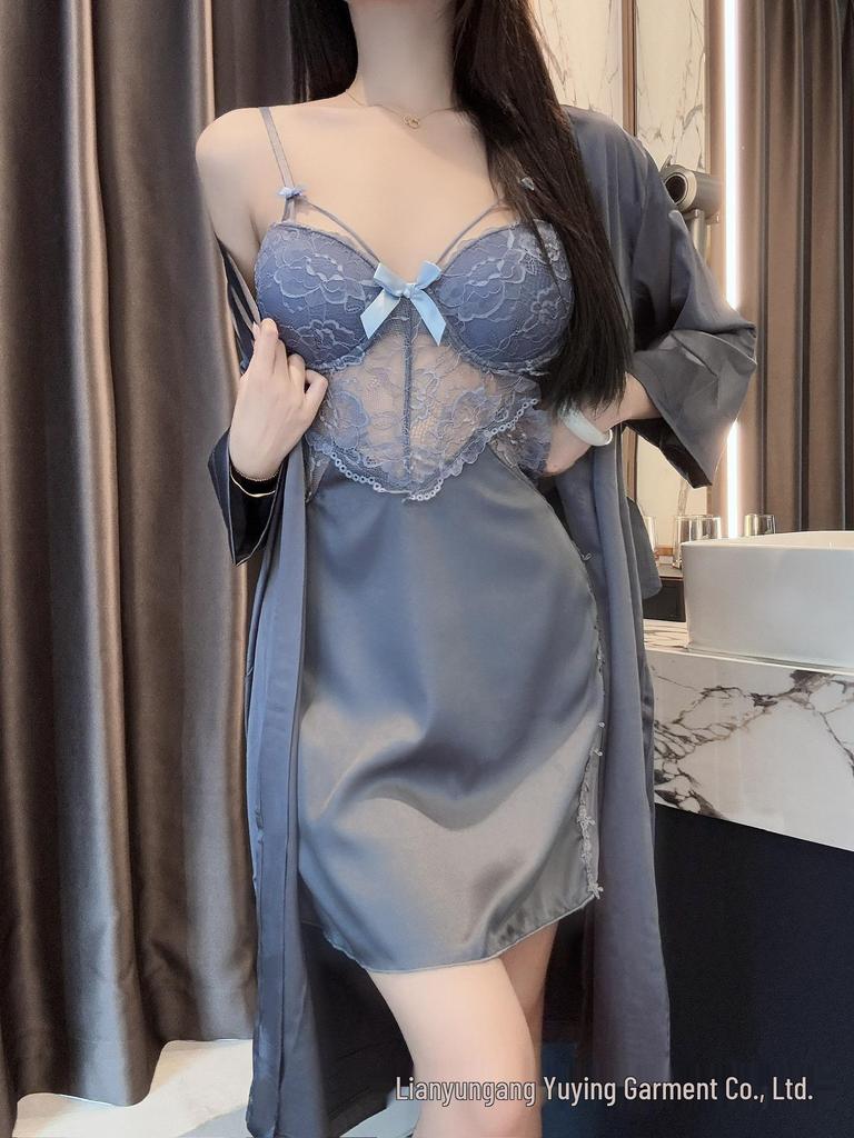 Women's Sexy Lace Nightgown & Robe Set with Spaghetti Straps and Bra Pads