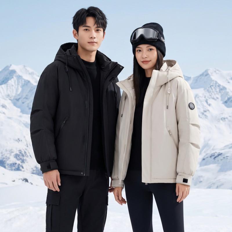 Unisex Hooded Puffer Jacket With 3D Black Gold Lining Warm Thick Cotton-Padded Coat Winter