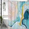 Marble Pattern Powder Blue Yellow Flowing Shower Curtain, Bathroom Decorative Shower Curtain, Waterproof Shower Curtain with Hoo