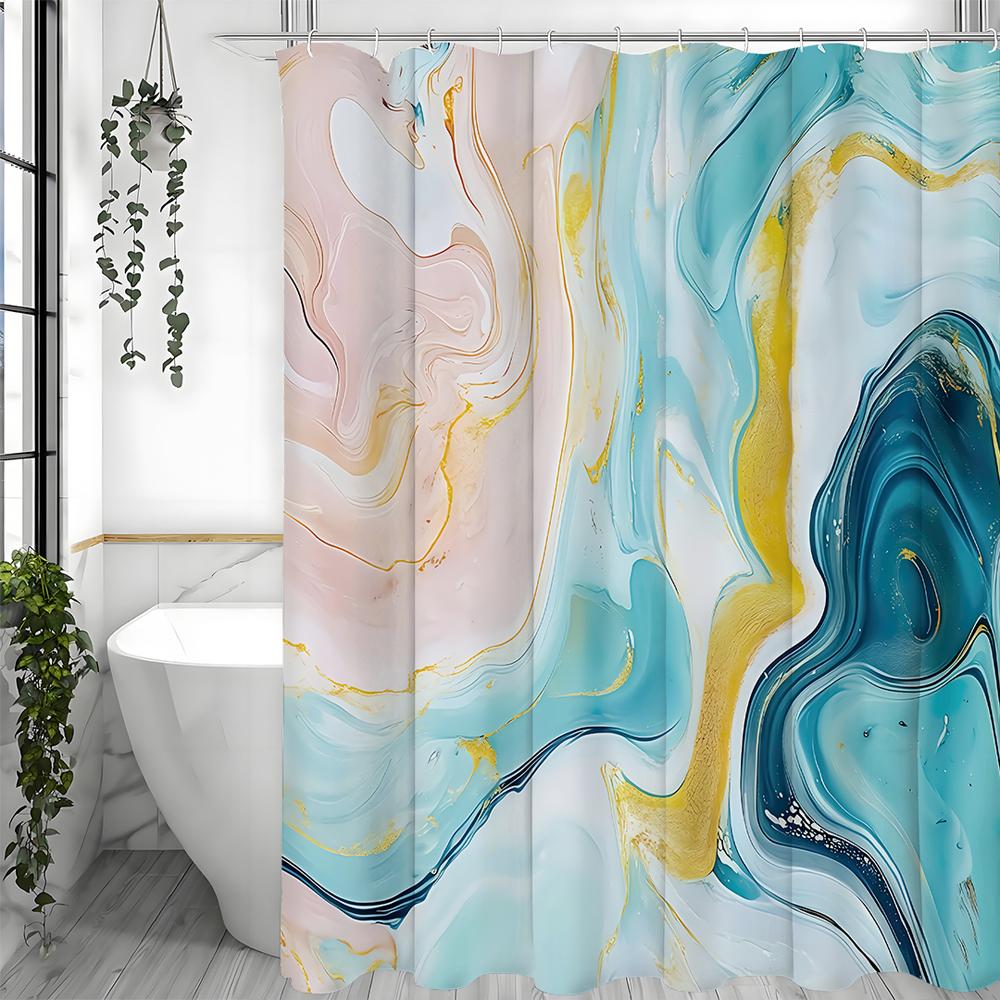 Marble Pattern Powder Blue Yellow Flowing Shower Curtain, Bathroom Decorative Shower Curtain, Waterproof Shower Curtain with Hoo