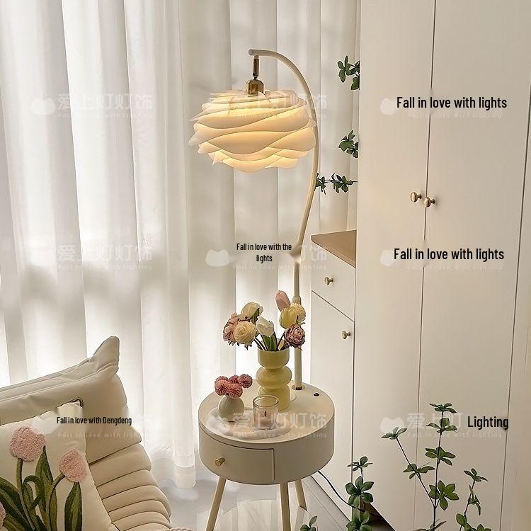 Elegant Cream Floor Lamp with Table and Storage - Perfect for Bedroom or Living Room Décor.