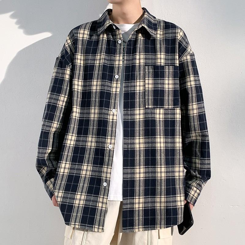 

Весна и Осень Новый Стиль Рубашка Мужская Длинный Рукав Японский Ретро Свободная Куртка Модная Свободная Универсальная Клетчатая Рубашка Мужская 3XL чёрный