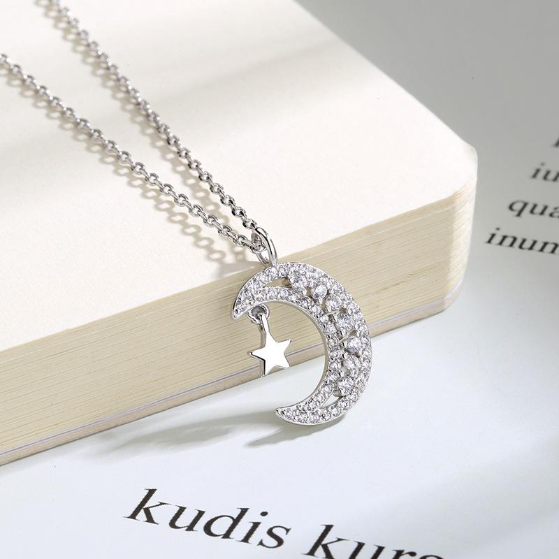 Women's Niche Star and Moon Necklace: Fashionable Full-Pave Pendant On a Short Clavicle Chain