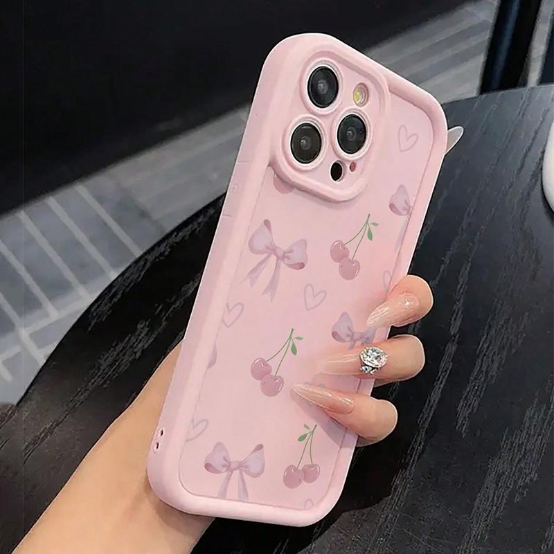 Girly Pink Cherry Bow Pattern Anti-Fall Anti-Slip Phone Case For iPhone 17 16 Pro Max 15 14 13 12 11 XS X XR 7 8 Plus 16e Cover