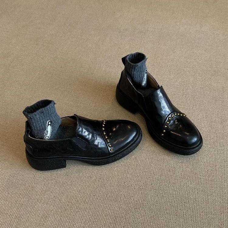 Sheepskin version~ British style small leather shoes women's leather thick-soled rivets one pedal deep loafers elastic single shoes