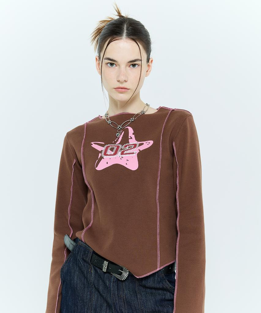 LARTIGENT L6 Overlock Unbalance Sleeve Tee(Brown)