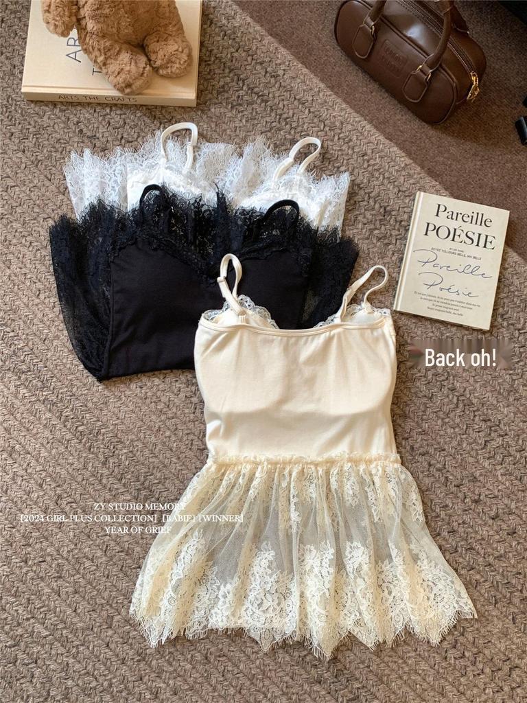 Winter 2024 Women's Lace Slip Dress - Sleeveless, Layered, Waist-Hugging with Bow