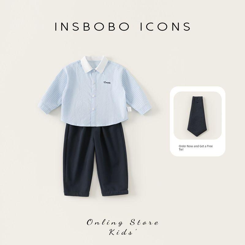 Insbobo Children s Suit 2026 Spring New Style Boys  Shirt Boys  Preppy Style Two-Piece Set Handsome and Fashionable Blue Stripe 140