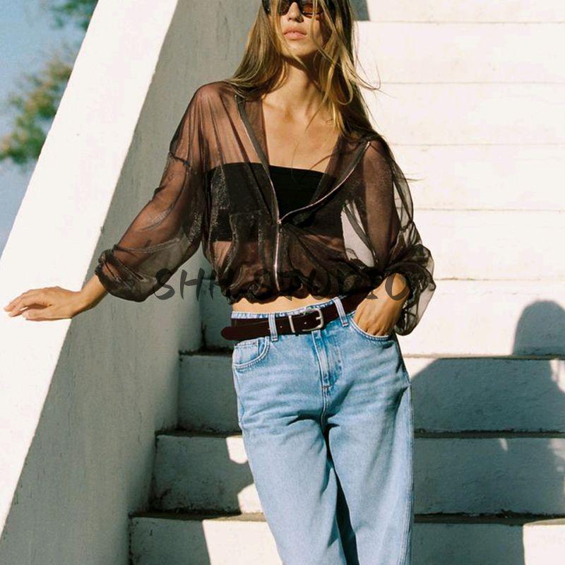 Autumn New Women's Clothing Fashion Wind Long Sleeves Transparent Organza Hooded Jacket Outwear 4968030 4968800