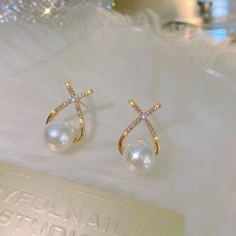 925 Silver Needle Korean X-Letter Pearl Stud Earrings - Retro French Style for Women