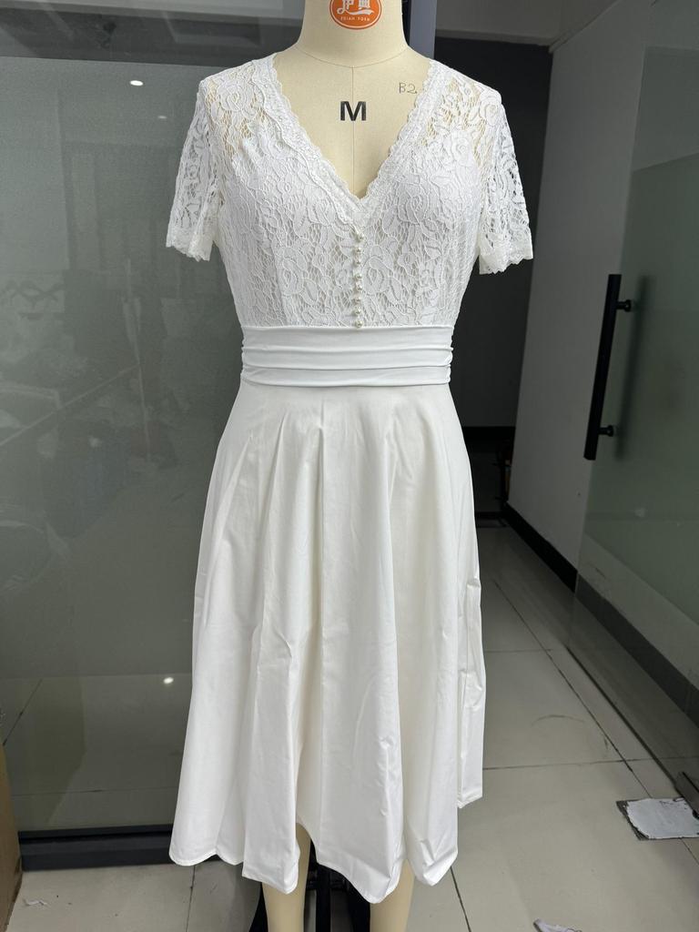 2025 Autumn/Winter V-neck Lace Hollow-out Short-sleeved Evening Party Dress